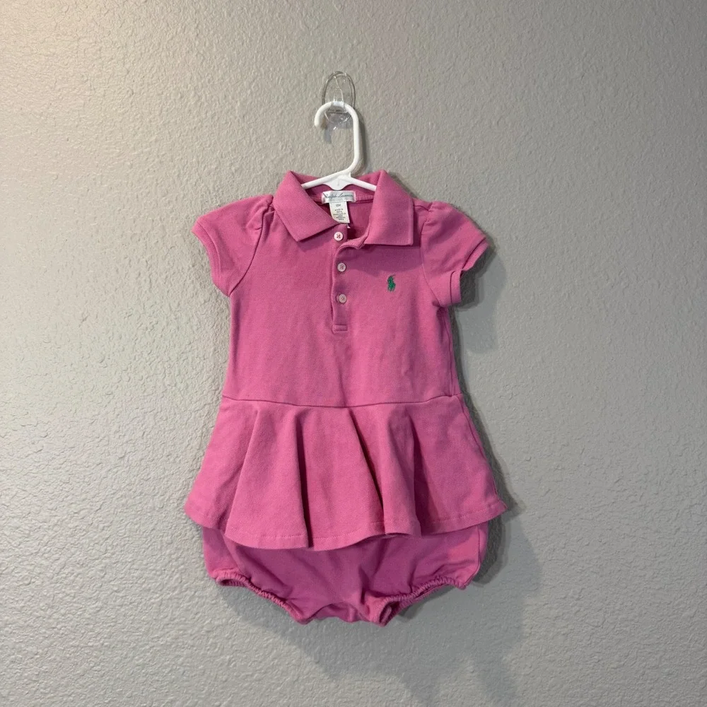 Ralph Lauren Girl's Size 18M Pink Short Sleeve Ruffle Hem Polo Dress Romper